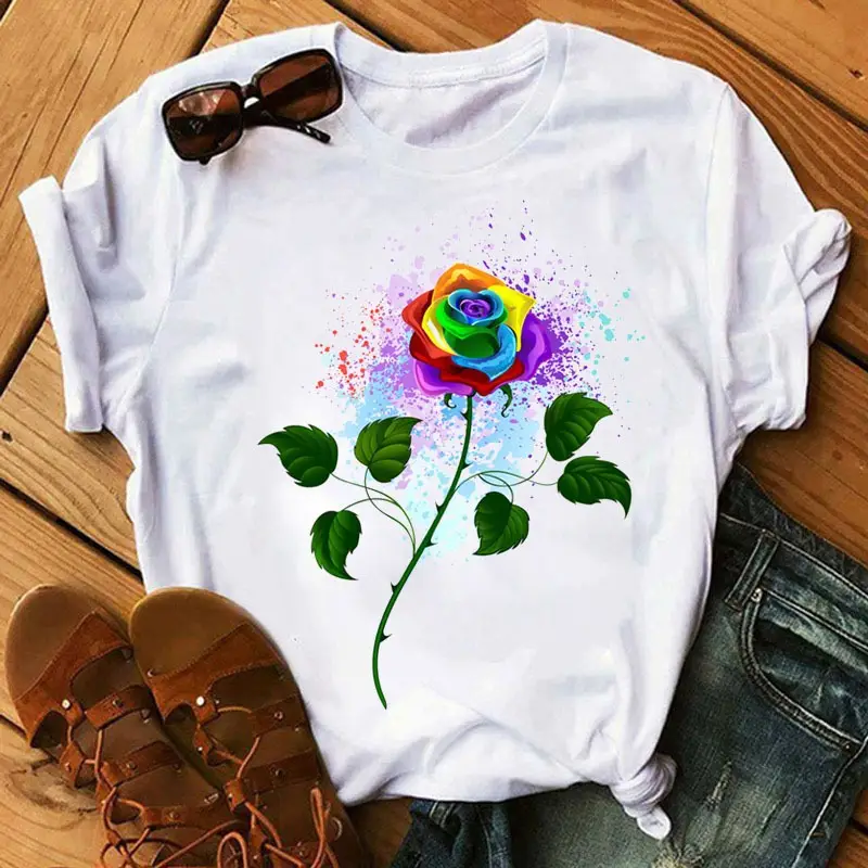 Women's Rainbow Butterfly Printed T-Shirt White 90s - Image 7