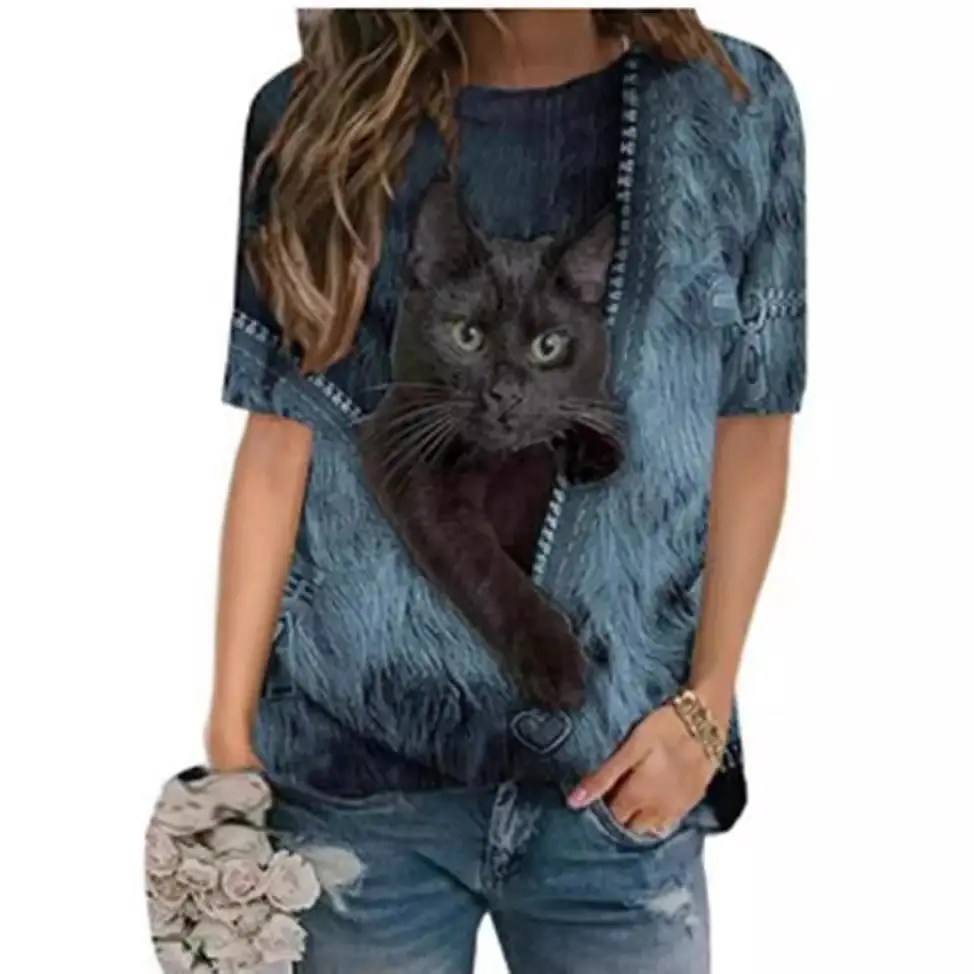2021 Cat Print Cotton T-Shirt O Neck Casual Summer - Image 4