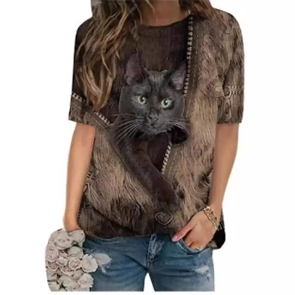 2021 Cat Print Cotton T-Shirt O Neck Casual Summer - Image 5