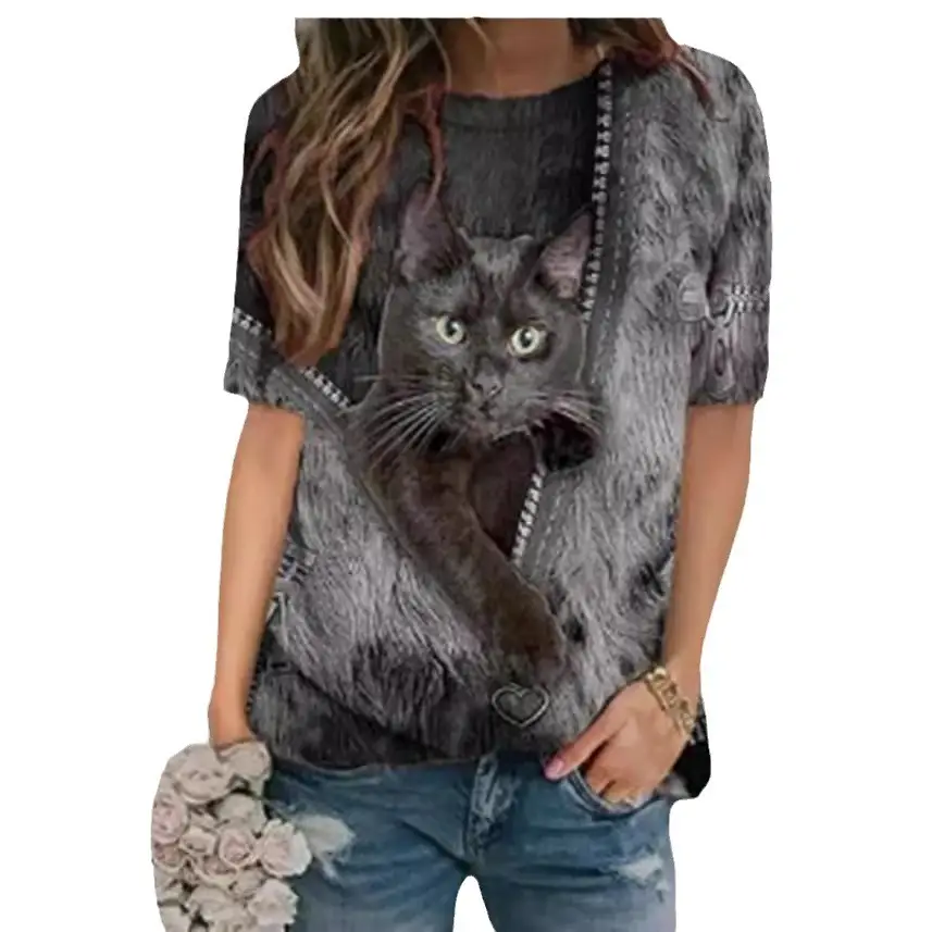 2021 Cat Print Cotton T-Shirt O Neck Casual Summer - Image 7