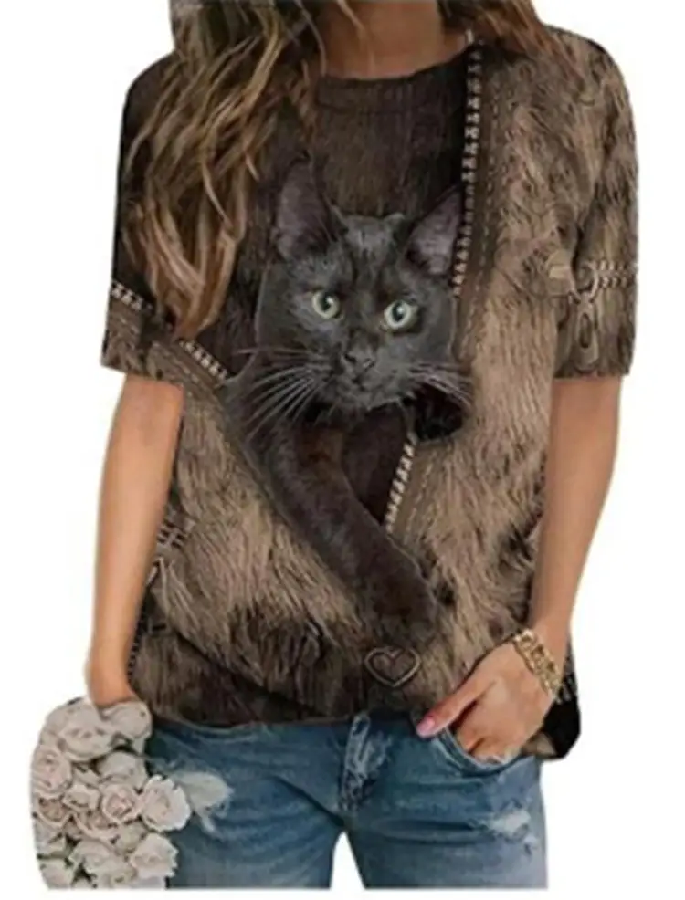 2021 Cat Print Cotton T-Shirt O Neck Casual Summer - Image 2