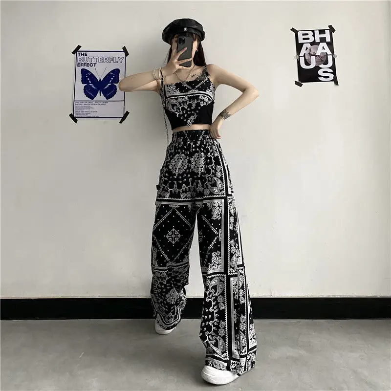 Women's Black White Floral Wide Leg Pants Summer 2022 - Image 4