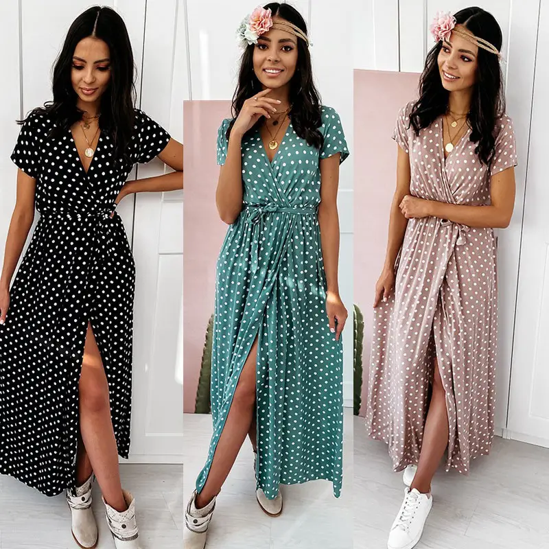 Bohemian Polka Dot Maxi Dress Green V-Neck Long Sleeve