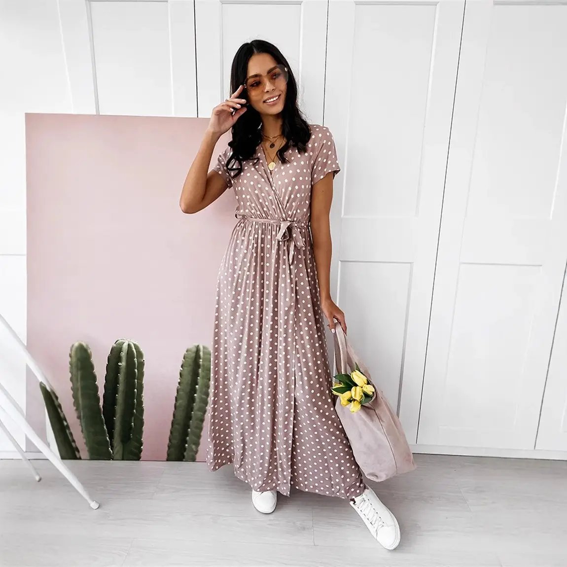 Bohemian Polka Dot Maxi Dress Green V-Neck Long Sleeve