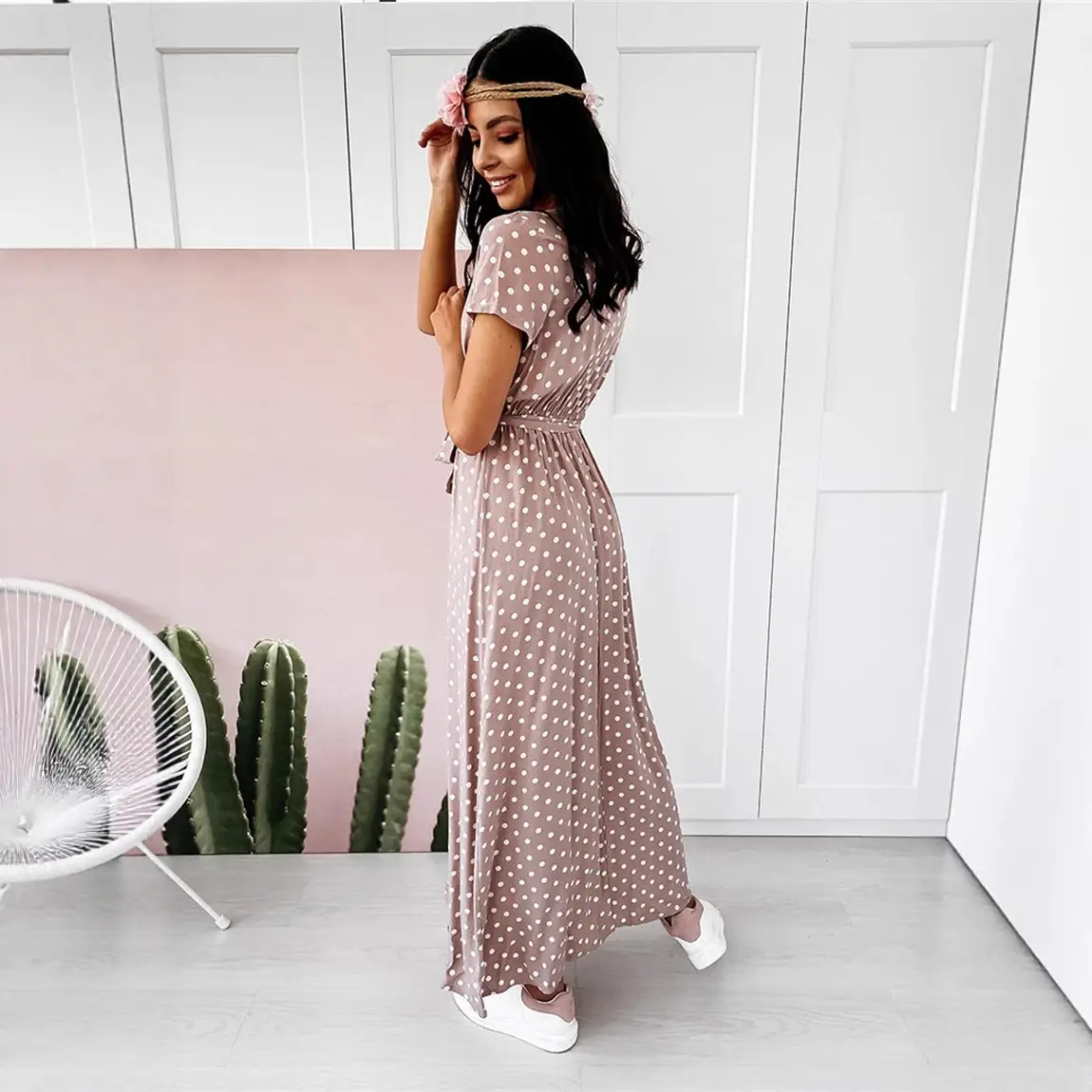 Bohemian Polka Dot Maxi Dress Green V-Neck Long Sleeve