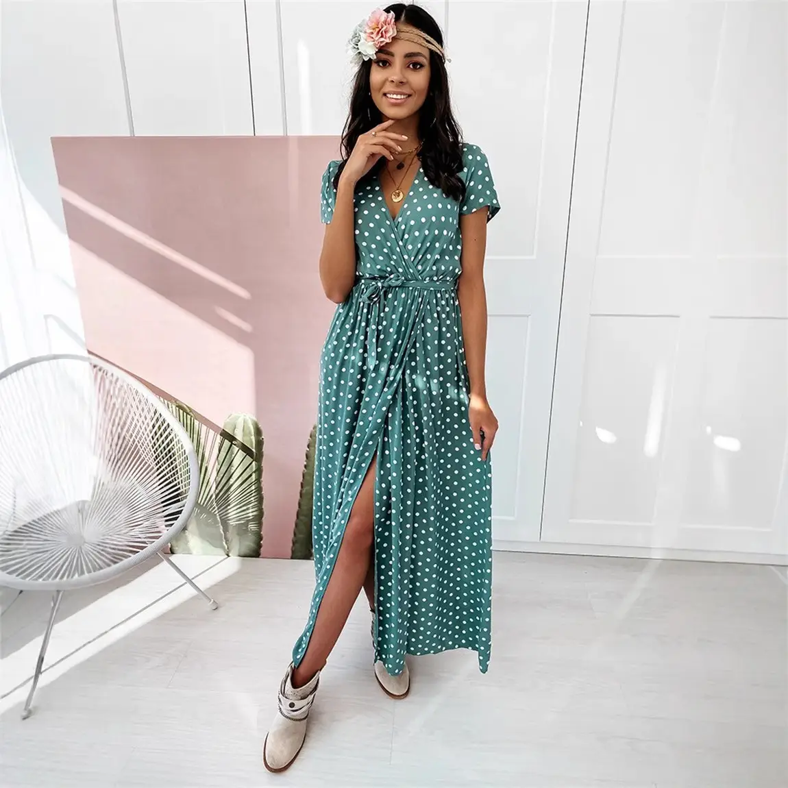 Bohemian Polka Dot Maxi Dress Green V-Neck Long Sleeve