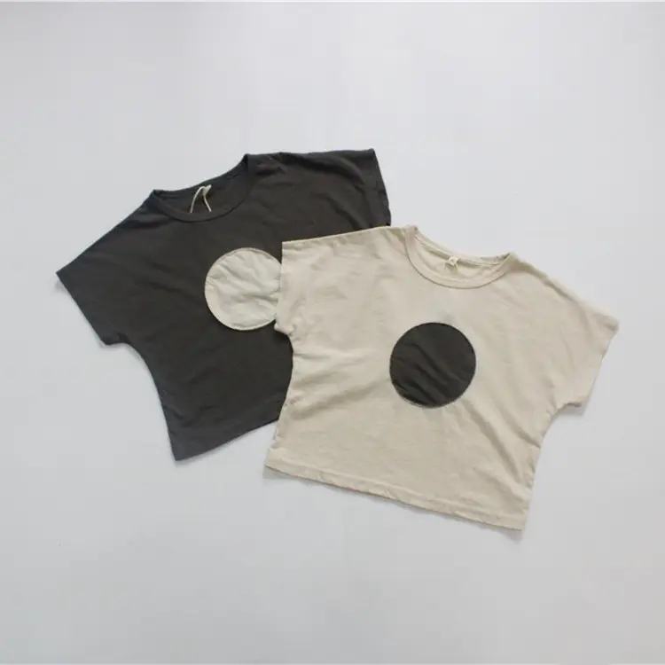 Kids T-Shirt Beige Black Circle Round Neck Short Sleeve - Image 3