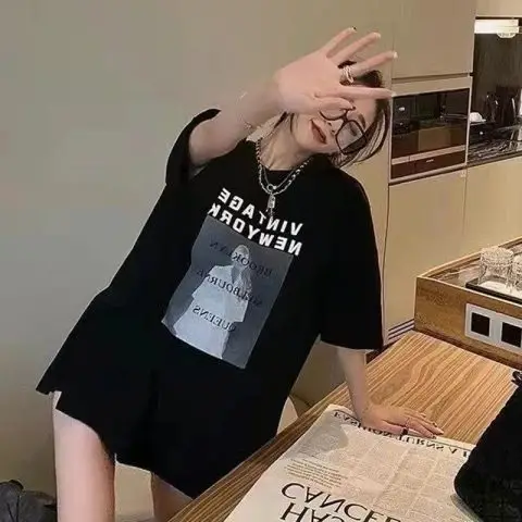Women 2023 Summer Letter Print T-Shirt White Loose Fit