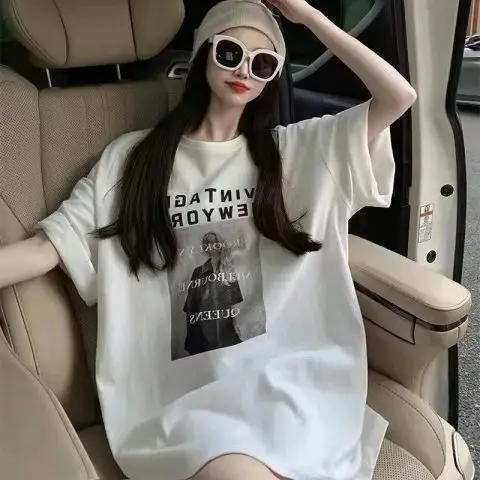 Women 2023 Summer Letter Print T-Shirt White Loose Fit