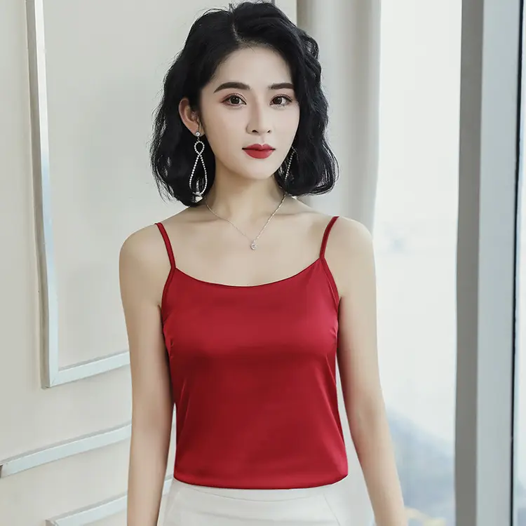 Black Silk V-Neck Inner Top with Red Skirt - Image 3