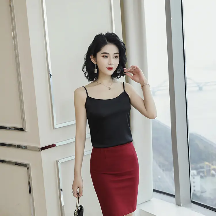 Black Silk V-Neck Inner Top with Red Skirt - Image 5