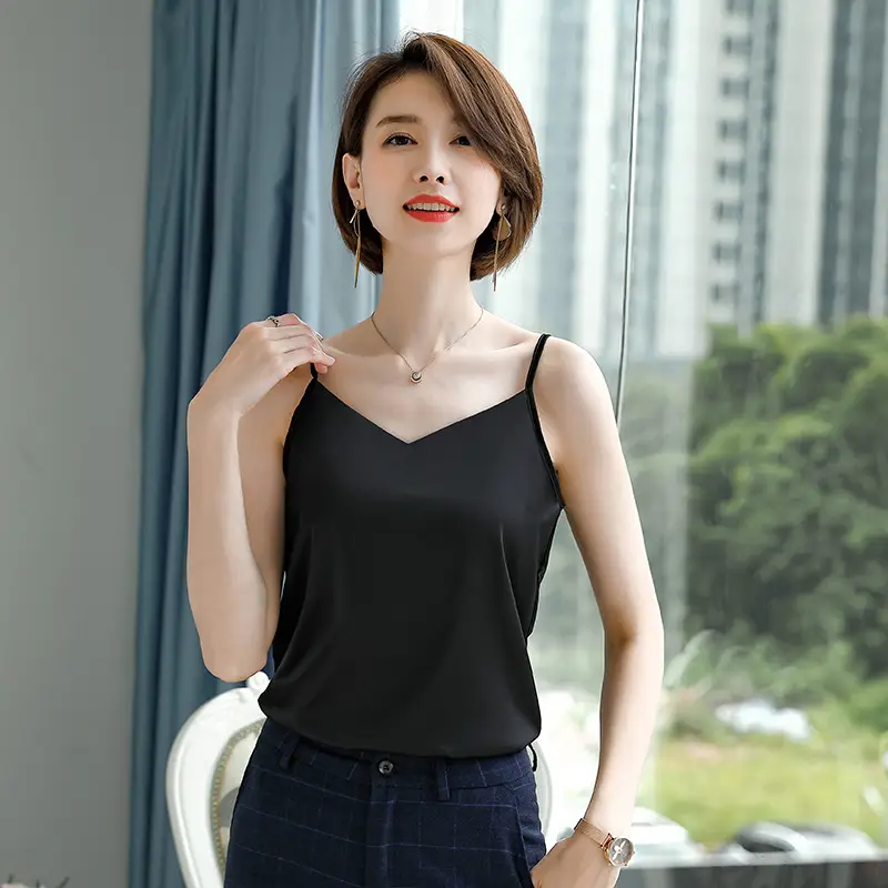 Black Silk V-Neck Inner Top with Red Skirt - Image 8