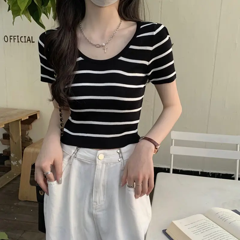 Women Knitted Striped T-Shirt Summer 2025 - Image 4