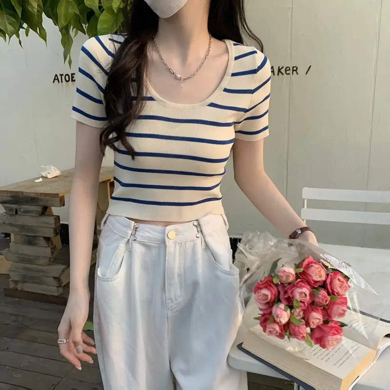 Women Knitted Striped T-Shirt Summer 2025 — feature 1