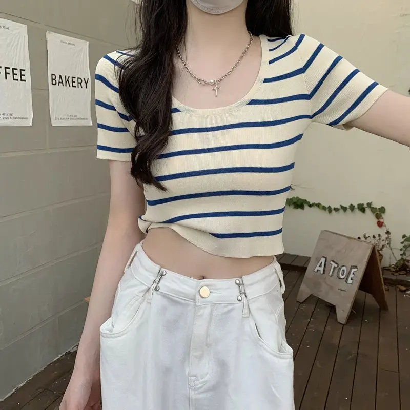 Women Knitted Striped T-Shirt Summer 2025 — feature 2