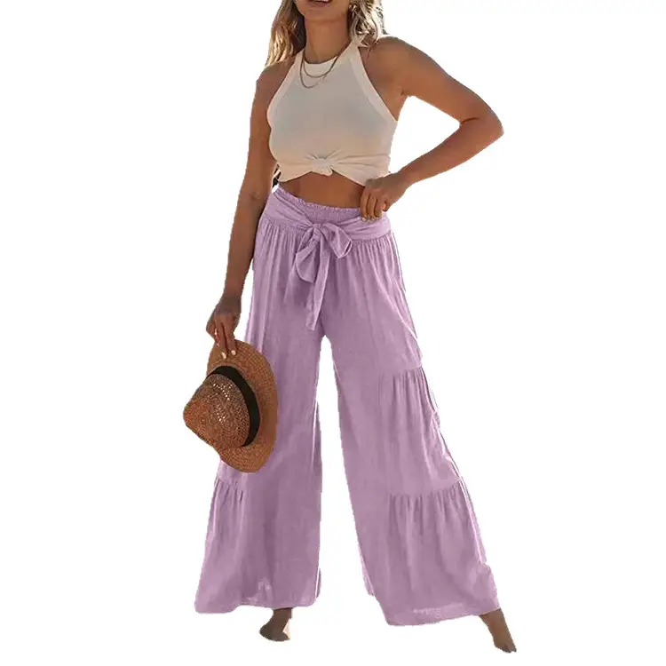 Blue Wide Leg Pleated High Waist Pants for Women