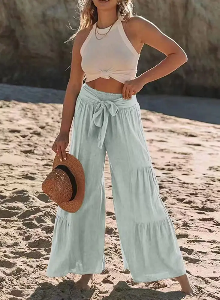 Blue Wide Leg Pleated High Waist Pants for Women
