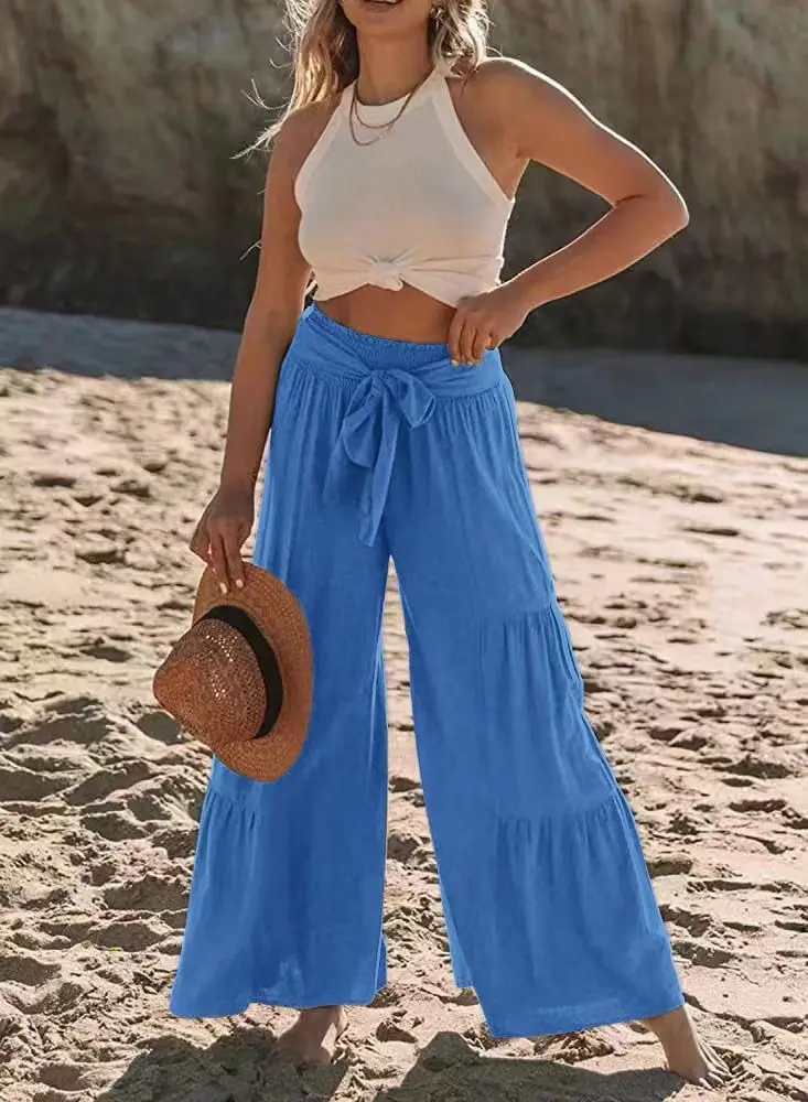 Blue Wide Leg Pleated High Waist Pants for Women