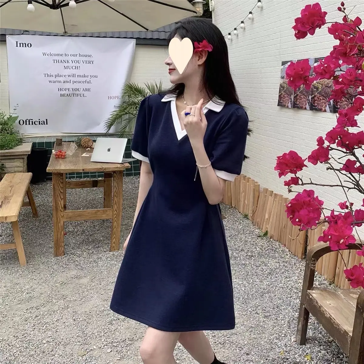 Women Navy V-Neck A-Line Dress 2025 Summer - Image 3