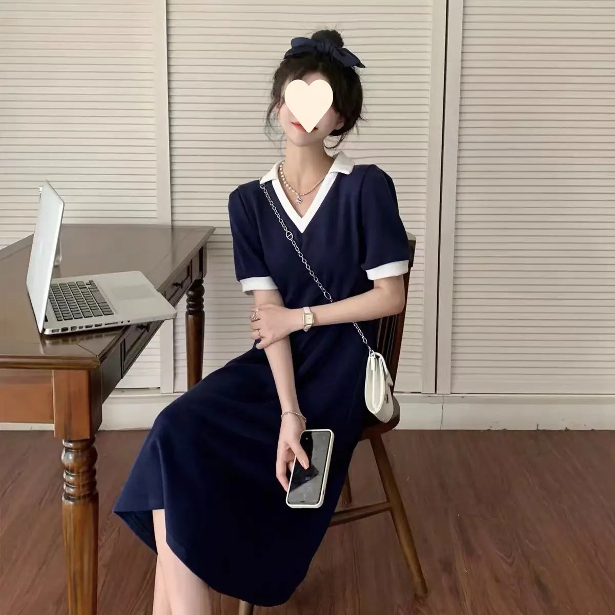 Women Navy V-Neck A-Line Dress 2025 Summer - Image 4