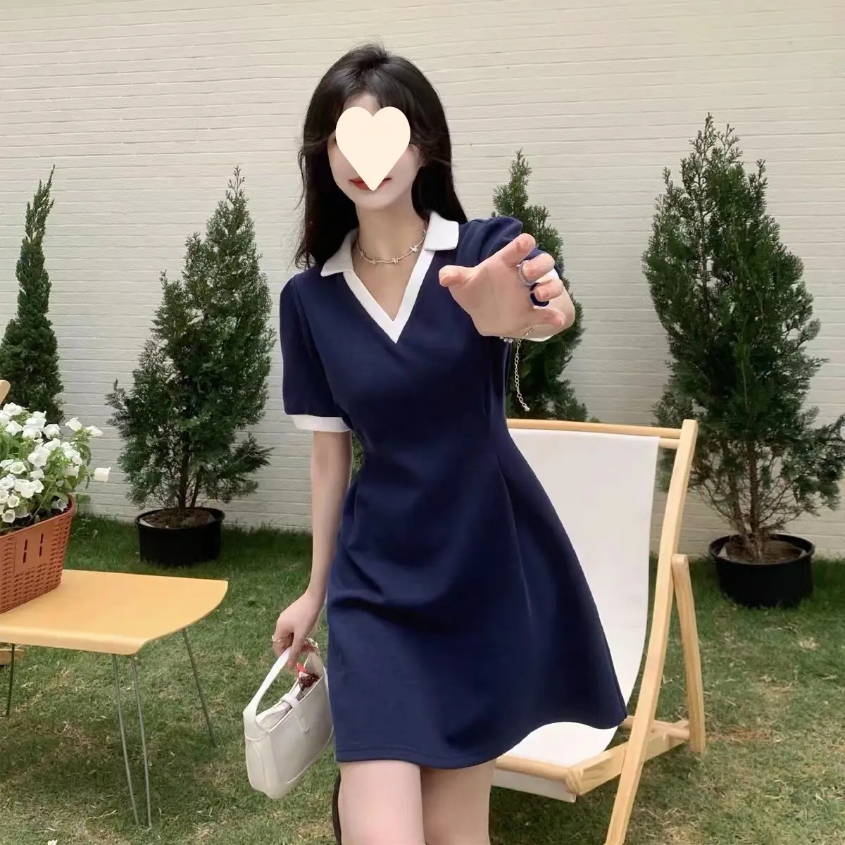 Women Navy V-Neck A-Line Dress 2025 Summer - Image 5