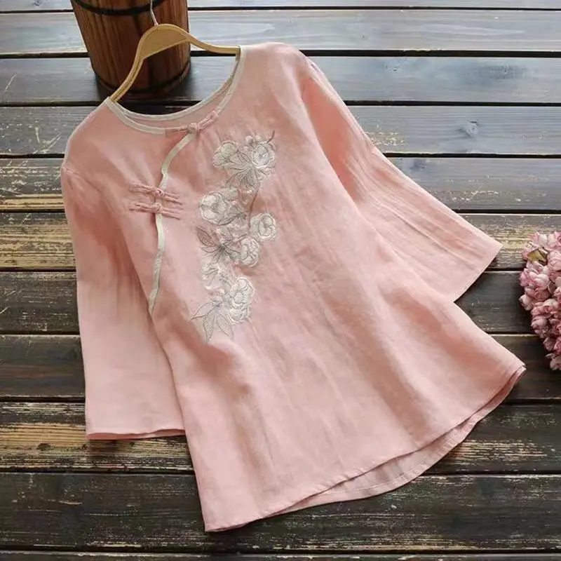 Cotton Embroidered T-Shirt Diagonal Buckle Plus Size - Image 2
