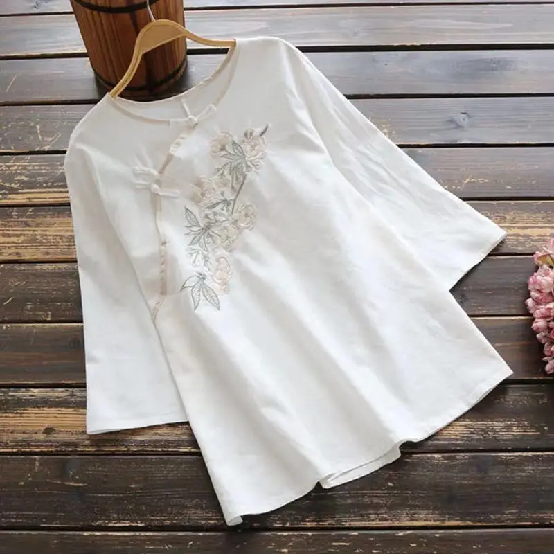 Cotton Embroidered T-Shirt Diagonal Buckle Plus Size - Image 3