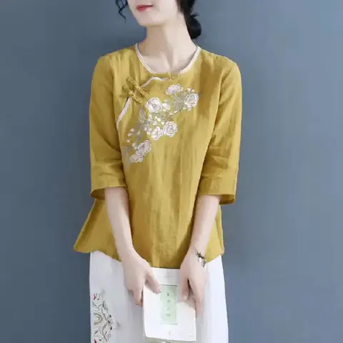 Cotton Embroidered T-Shirt Diagonal Buckle Plus Size - Image 5