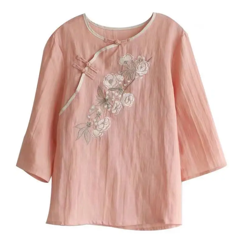 Cotton Embroidered T-Shirt Diagonal Buckle Plus Size - Image 6