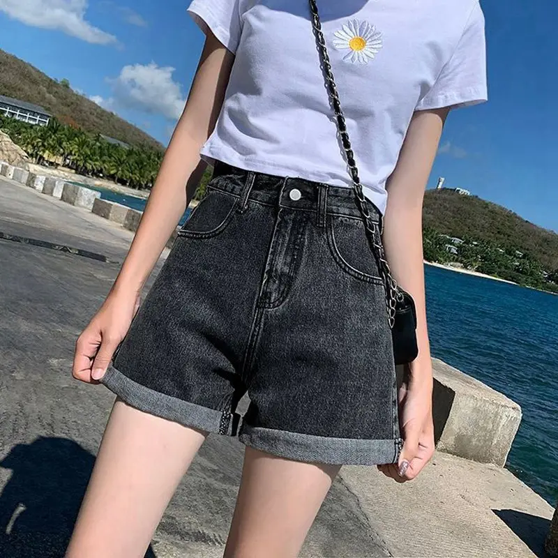 Women Denim Shorts Black Summer Loose Slimming Casual