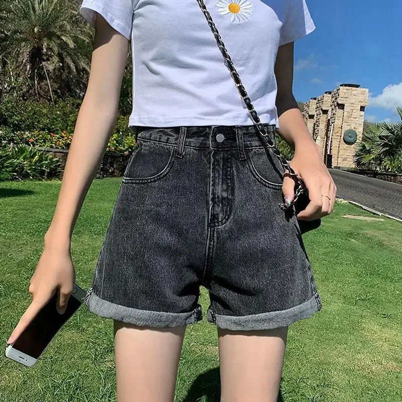 Women Denim Shorts Black Summer Loose Slimming Casual