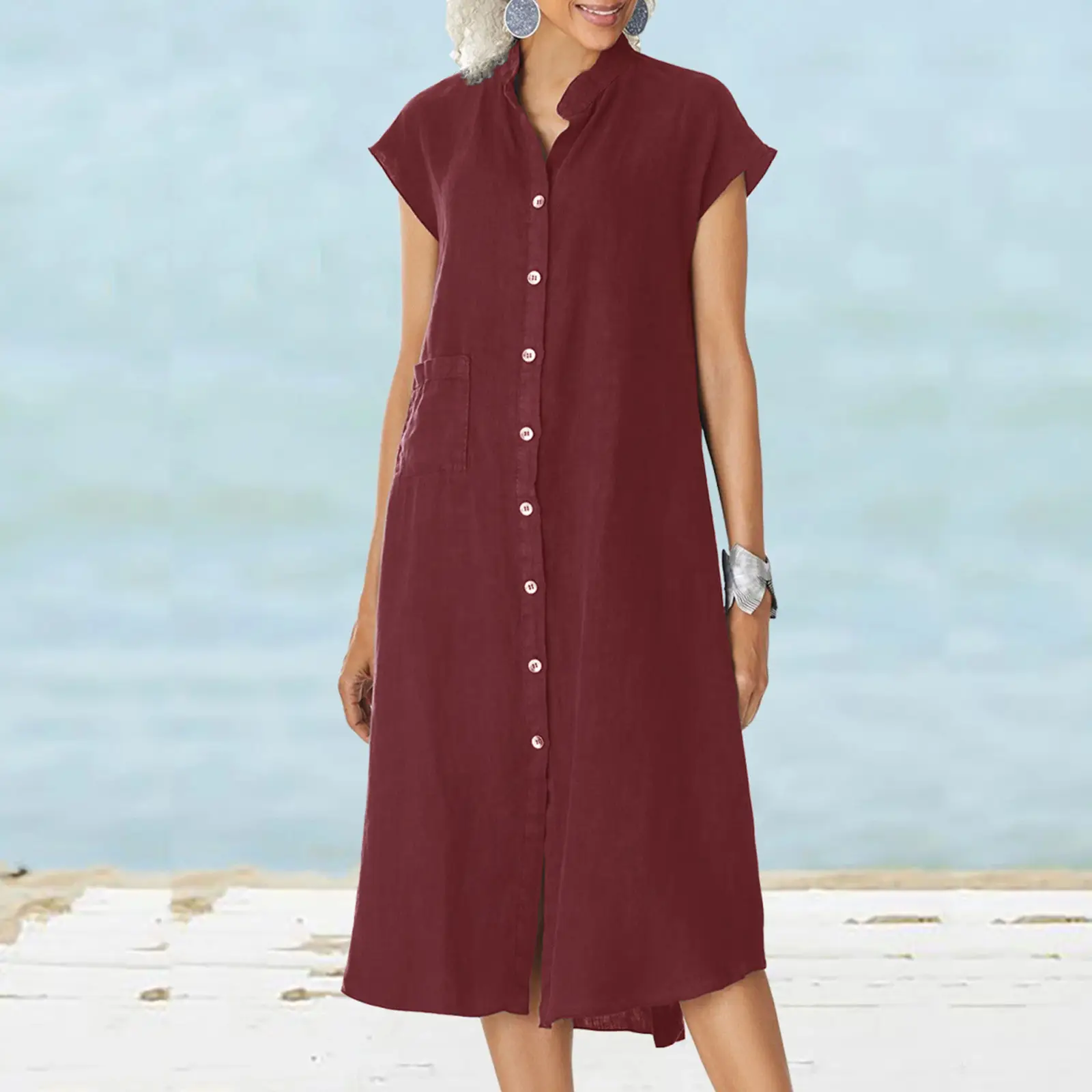 Women's Maroon Cotton Linen Cardigan with Small Collar Pockets - Image 7