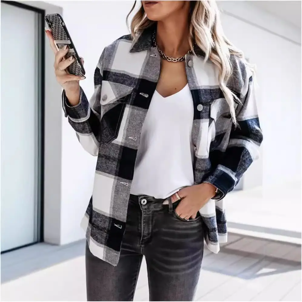 2022 Plaid Long Sleeve Shirt Jacket for Women