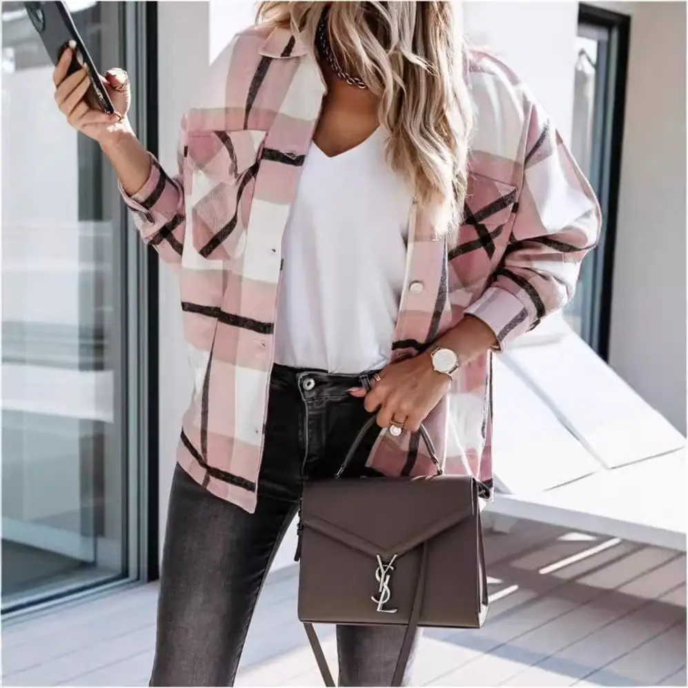2022 Plaid Long Sleeve Shirt Jacket for Women