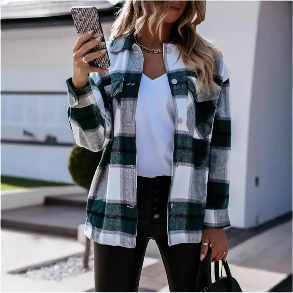 2022 Plaid Long Sleeve Shirt Jacket for Women