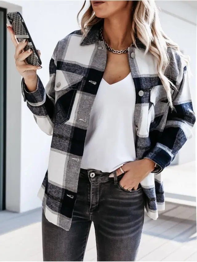 2022 Plaid Long Sleeve Shirt Jacket for Women