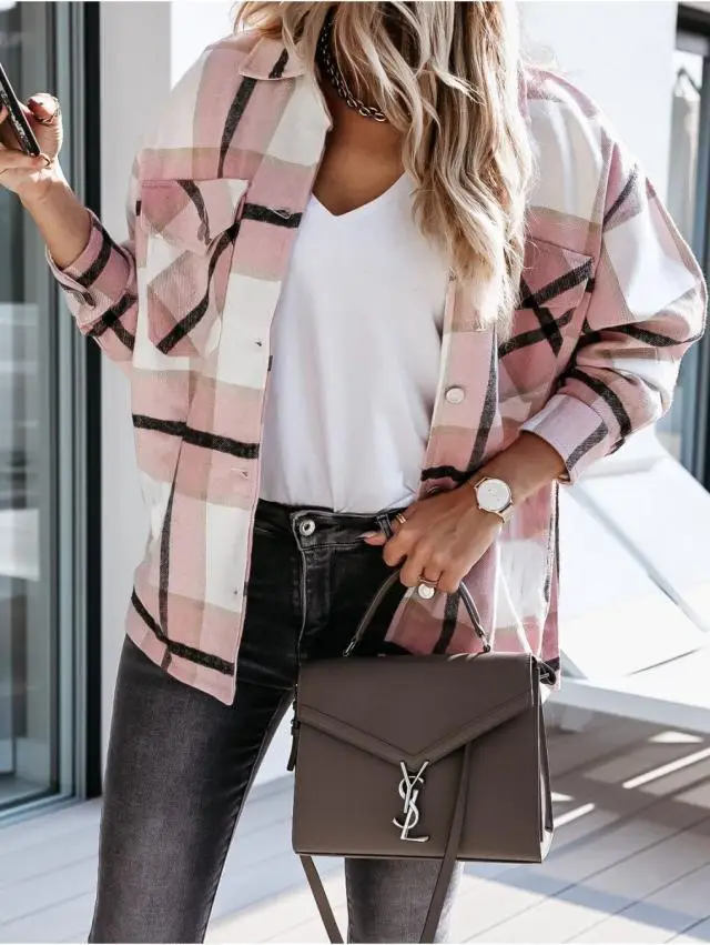 2022 Plaid Long Sleeve Shirt Jacket for Women