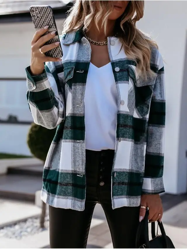 2022 Plaid Long Sleeve Shirt Jacket for Women