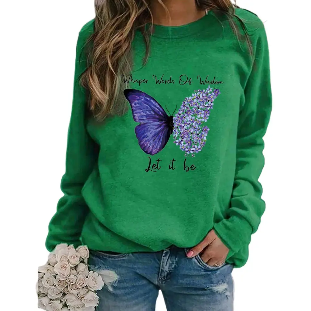 Women Long Sleeve Butterfly Print Sweatshirt Grey - Image 11