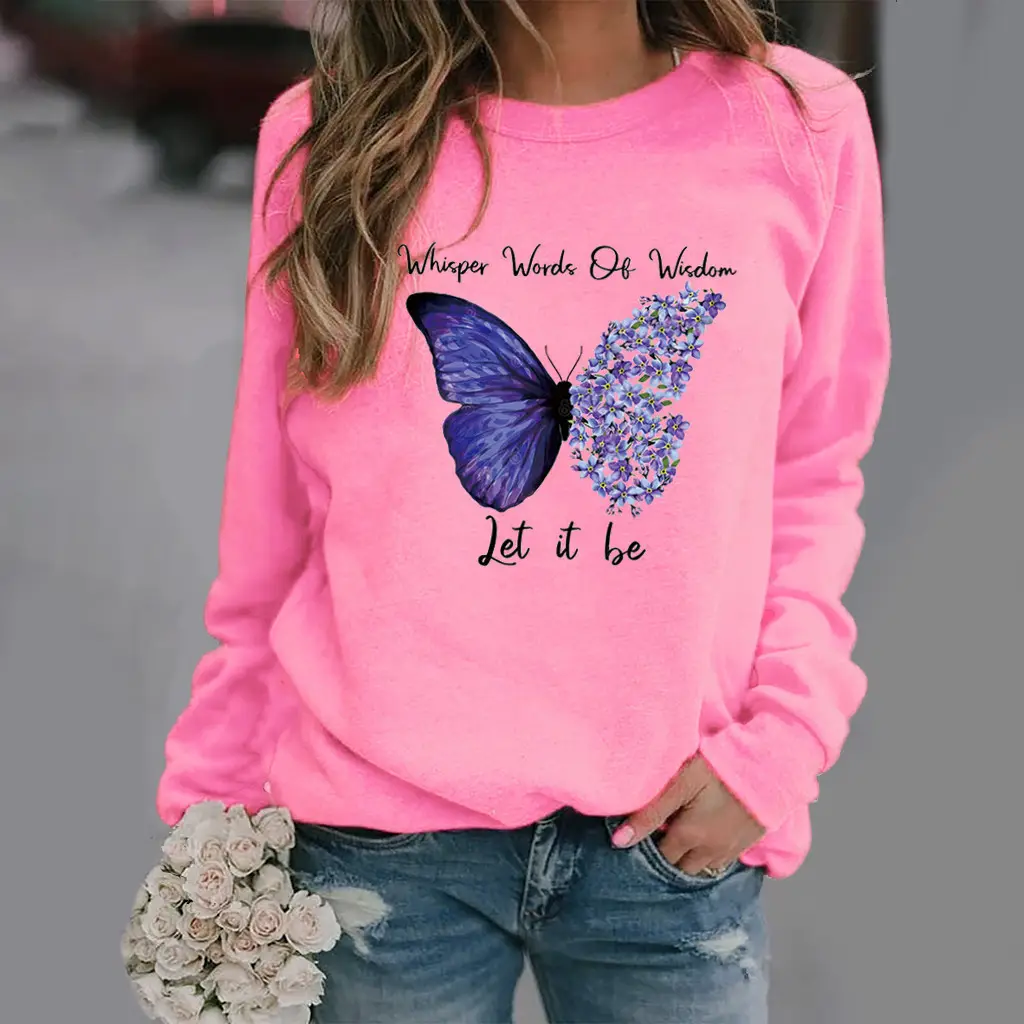 Women Long Sleeve Butterfly Print Sweatshirt Grey - Image 2