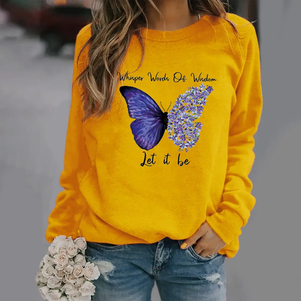Women Long Sleeve Butterfly Print Sweatshirt Grey - Image 3