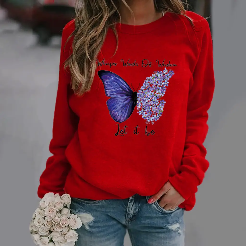 Women Long Sleeve Butterfly Print Sweatshirt Grey - Image 4