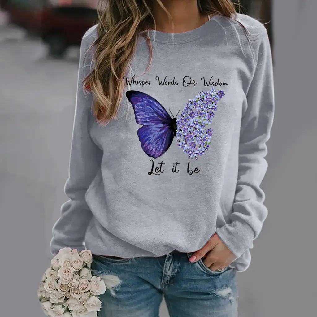 Women Long Sleeve Butterfly Print Sweatshirt Grey - Image 5