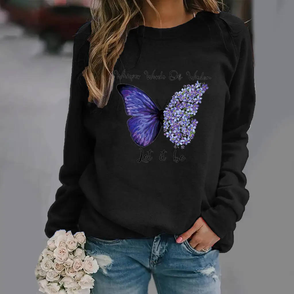 Women Long Sleeve Butterfly Print Sweatshirt Grey - Image 6