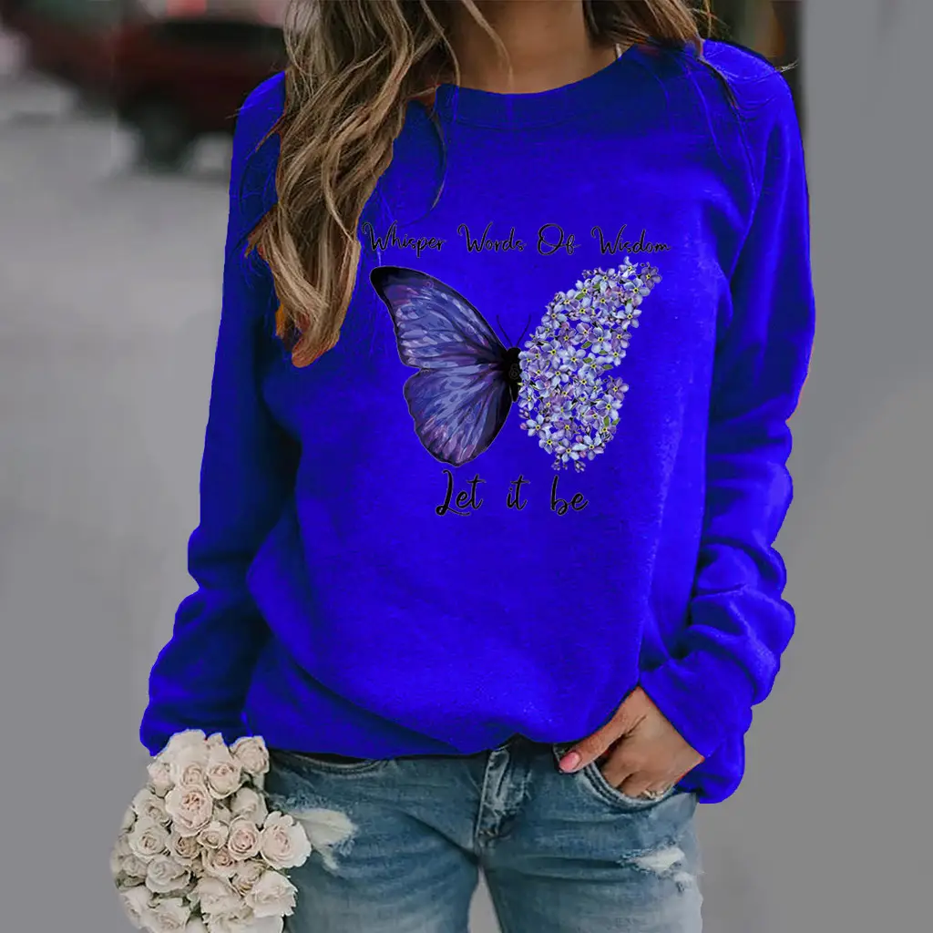 Women Long Sleeve Butterfly Print Sweatshirt Grey - Image 7
