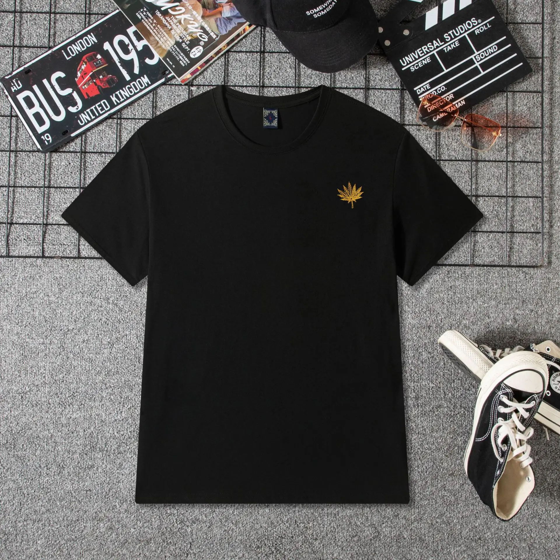 2023 Black Embroidered Men's T-Shirt with Maple Leaf Design - Image 2