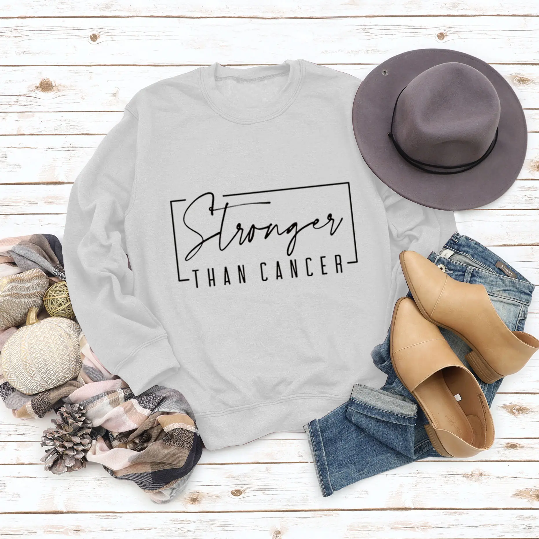 Women Sweatshirt Stronger Than Cancer Print Pink Large