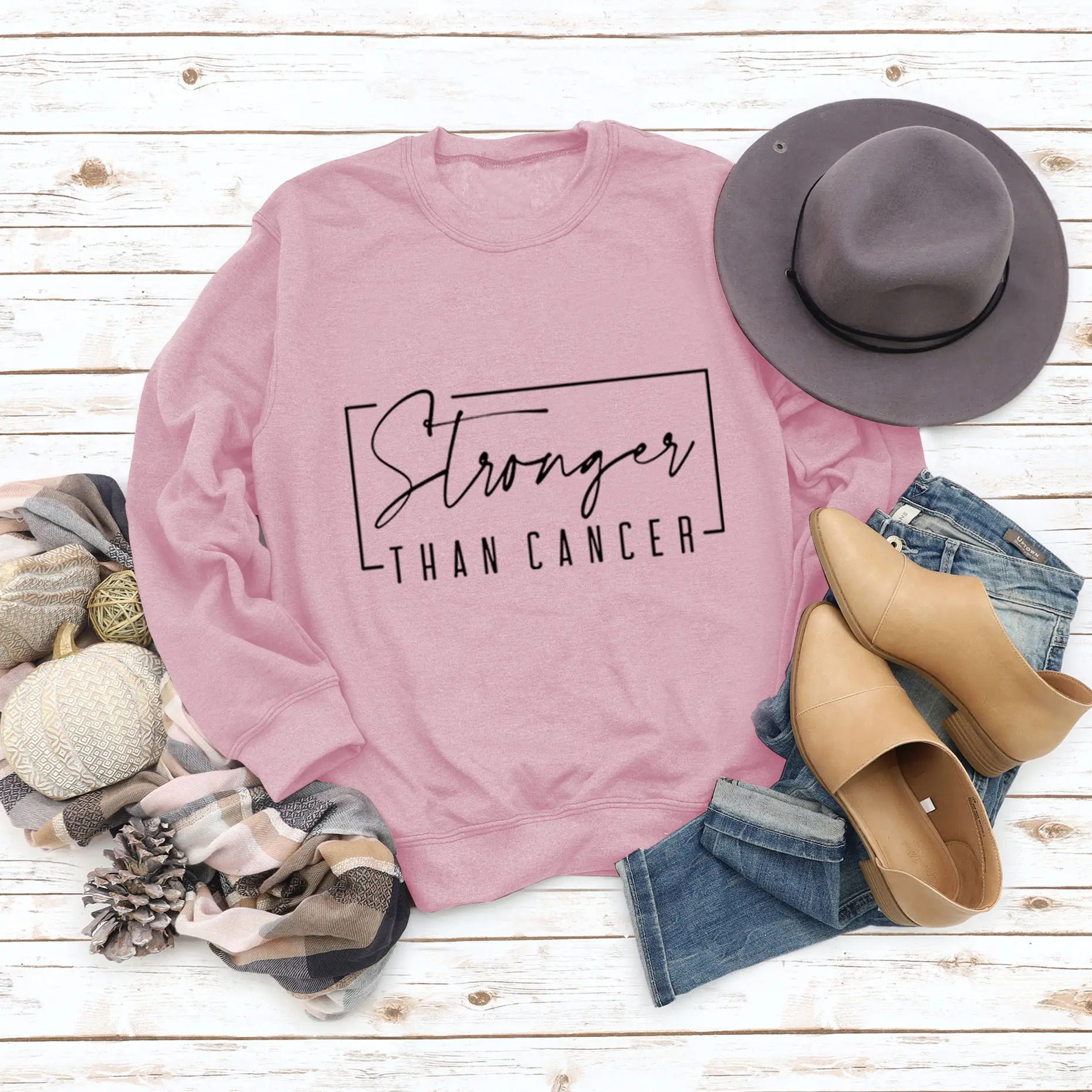 Women Sweatshirt Stronger Than Cancer Print Pink Large