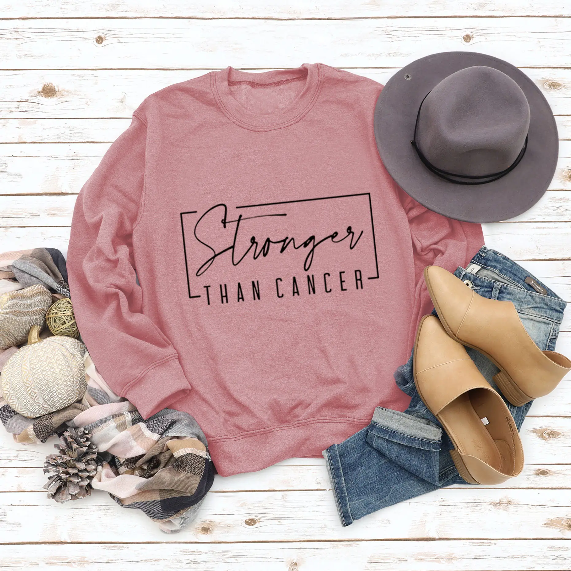 Women Sweatshirt Stronger Than Cancer Print Pink Large