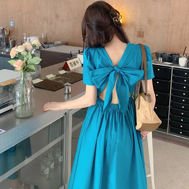 Vintage French Style Hollow Bow Dress Women Summer New Puff Sleeve Small Black Dress High Waist Slimming A- line Skirt - Image 3